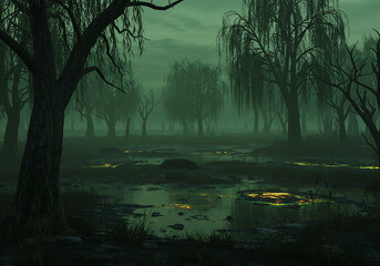 Horor Scene of Misty Willow Marsh