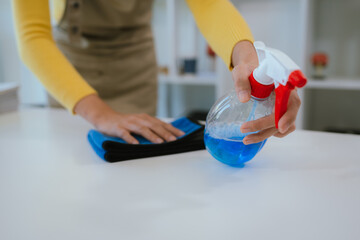 Professional cleaner wearing gloves performs household chores with cleaning equipment, ensuring...