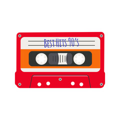 Flat vector cassette tape in retro 90s style. Bright red design, perfect for nostalgia themes.