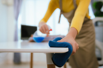 Professional cleaner wearing gloves performs household chores with cleaning equipment, ensuring...