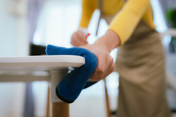 Professional cleaner wearing gloves performs household chores with cleaning equipment, ensuring...