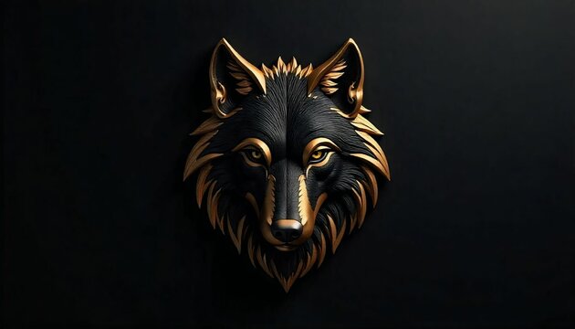 A modern and sleek wolf head logo design on a soft, solid black background that draws attention and exudes sophistication, with the wolf head prominently displayed in a clean, thick, metallic gold she