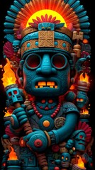 Obraz premium Huitzilopochtli depicted with a hummingbird helmet showcasing blue skin and a flaming serpent spear surrounded by warriors and a glowing sun