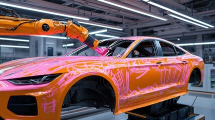Robot arm painting a car body vibrant colors splashing industrial setting dramatic shadows angled shot for depth
