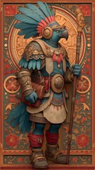 Huitzilopochtli depicted in blue skin with hummingbird helmet and spear surrounded by warriors