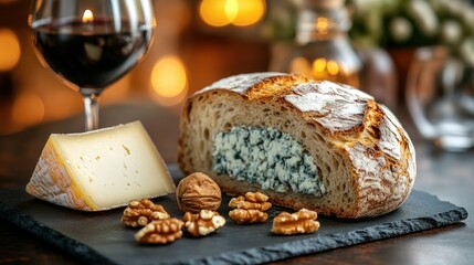 Rustic bread filled with blue cheese, accompanied by hard cheese, walnuts, and red wine