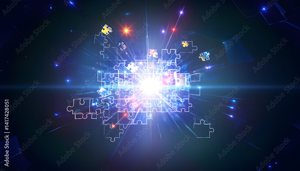 Poster futuristic puzzle assembly digital realm graphic visualization tech environment dynamic viewpoint co