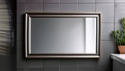 Mirror in bathroom: Elegant mirror, with its ornate frame, hangs above a sleek sink and toilet, adorned with a potted plant adding a touch of life and elegance to the scene.