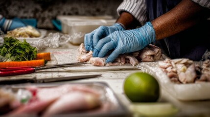 food safety contamination quality. Preparing Delicious Meal Safe Food Handling with Chef Hands in Gloves at Restaurant Kitchen.