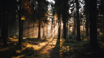 Fototapeta premium Forest sunlight streaming through dense trees, golden hour, peaceful escape