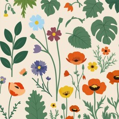 Seamless floral vector pattern featuring vintage flower and leaf elements for textile design