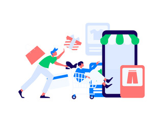 Holiday shopping people doing e-commerce online shopping flat vector concept operation hand drawn illustration
