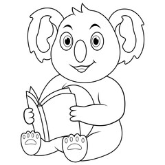 Cartoon koala reading a book line art