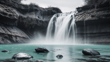 Serene cascade plunges from rocky heights into tranquil waters beneath