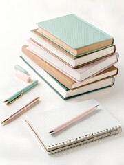 Flat vector illustration of a stack of colorful notebooks and pens arranged on a clean surface