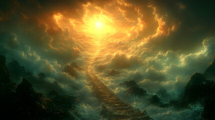 Fototapeta premium Ascending stairs lead to a radiant light amidst swirling clouds above dark rocks Warm ethereal glow