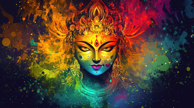 ma durga face expression in colourfull background