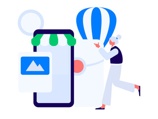 Holiday shopping people doing e-commerce online shopping flat vector concept operation hand drawn illustration
