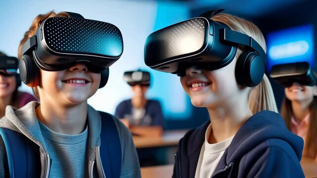 Interactive school concept. Kids in VR headsets sitting at desks and having virtual reality learning experience. Study technology. Kids in VR glasses in classroom. Tech education.