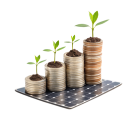 Group of coins on a solar panel with plants growing on it on a transparent background png renewable energy concept