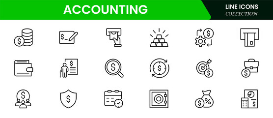 Accounting set of web icons in line style. Accounting and audit icons for web and mobile app. Containing finance report and audit, invoice, tax return, accounting, auditing, inspection and more.