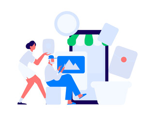 Holiday shopping people doing e-commerce online shopping flat vector concept operation hand drawn illustration
