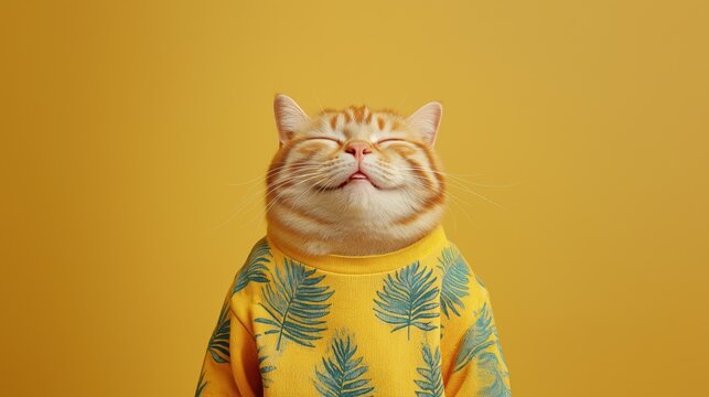 Cat in colorful sweater enjoys sunny disposition against bright yellow backdrop.