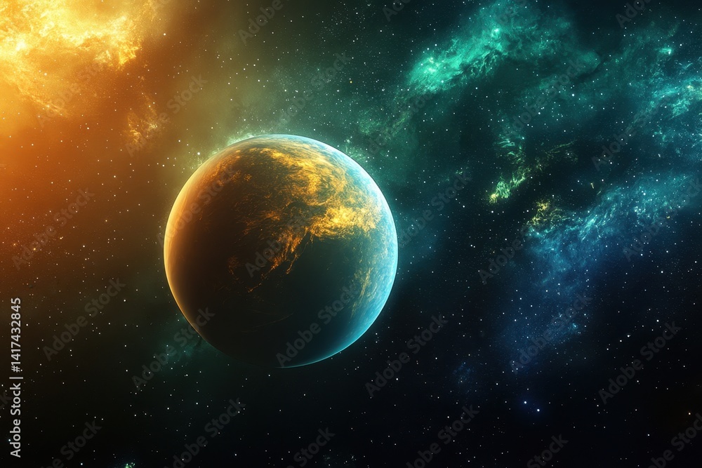 Poster stunning view of a distant planet surrounded by cosmic clouds in deep space