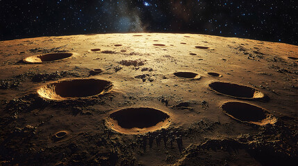 A textured, light brown planetary surface is dotted with dark, circular impact craters of various sizes. Above the planet, a dark sky is visible, lightly speckled with white stars.