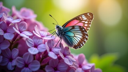 Naklejka premium Close-up of a Colorful Butterfly on Purple Flowers in Natural Light