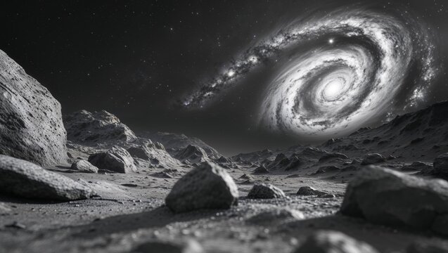 Cosmic swirl breathtaking view of galaxy from rocky alien landscape