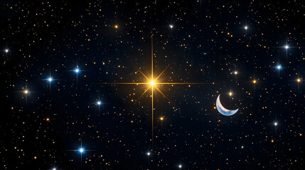Obraz premium Illustration of a night sky with a bright star at the center, surrounded by other stars and a crescent moon. This appears to be part of a selection of images to be uploaded for submission.