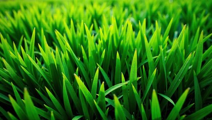 Lush green grass viewed from above, showing texture and blades , botany, fresh
