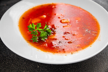 Soup vegetables red borscht first course vegetable dish fresh delicious gourmet food background on the table rustic food top view copy space keto and paleo diet vegetarian and vegan food