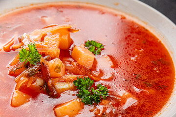 Soup vegetables red borscht first course vegetable dish fresh delicious gourmet food background on the table rustic food top view copy space keto and paleo diet vegetarian and vegan food