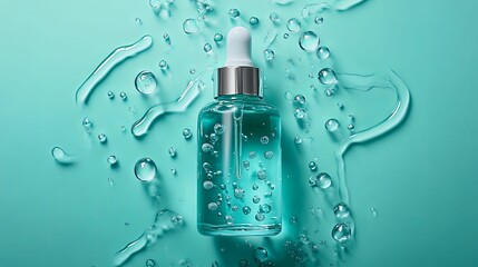 Teal glass dropper bottle with water droplets.