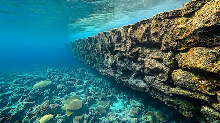 Obraz premium Underwater scene of a large rock formation surrounded by turquoise water and diverse coral reefs