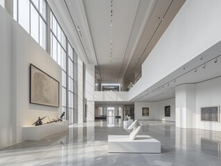 Modern art museum, minimalist interior, large open spaces, natural light, art installations, sophisticated atmosphere