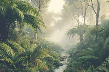 Fototapeta premium Lush, misty rainforest valley with vibrant foliage.