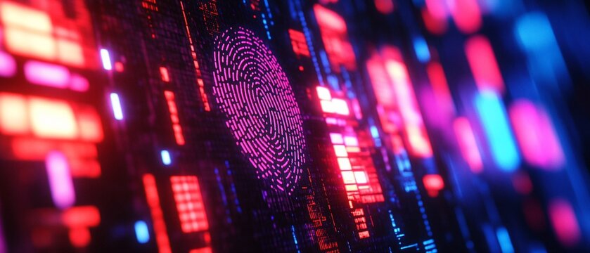 Digital display with a fingerprint in purple, surrounded by blue and red lights