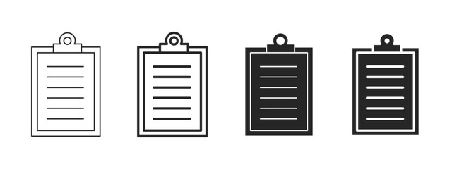 Clipboard black isolated illustration set in 4 variations for User Interface. Vector icons in flat style