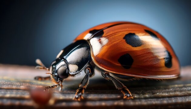 Close-up of a vibrant orange ladybug perched on a wooden surface with striking black spots