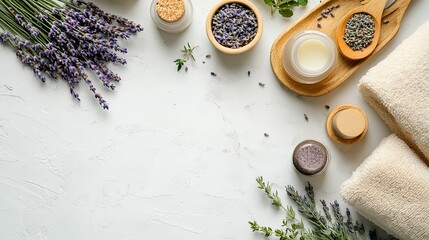 Lavender spa products arranged on a white surface.