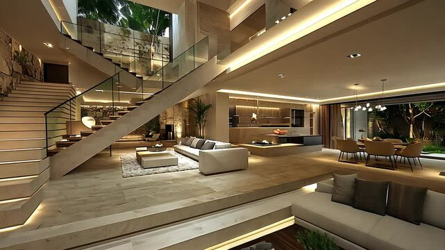 Luxurious modern home with open floor plan, grand staircase, and outdoor access