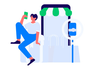 Holiday shopping people doing e-commerce online shopping flat vector concept operation hand drawn illustration
