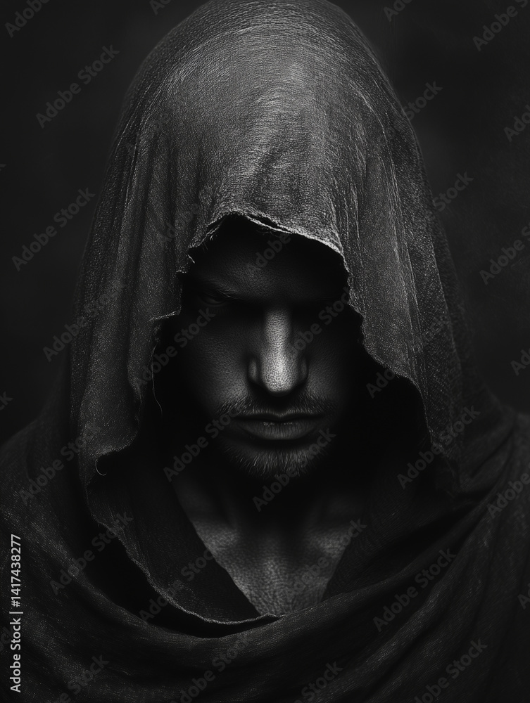 Poster hooded man with mysterious expression, shrouded in darkness, evokes sense of intrigue and depth. his