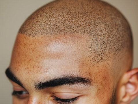 Close up view of man scalp showing micropigmentation and hair texture. skin tone is warm with freckles, highlighting details of scalp and hairline