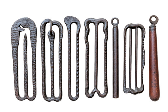 Row of aged, textured metal strap adjusters and pulls on white.