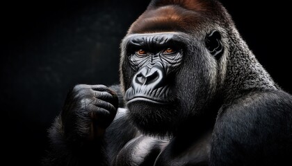 Obraz premium Majestic Silverback Gorilla with Intense Gaze and Powerfully Muscular Build in Low Light Setting
