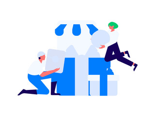 Holiday shopping people doing e-commerce online shopping flat vector concept operation hand drawn illustration
